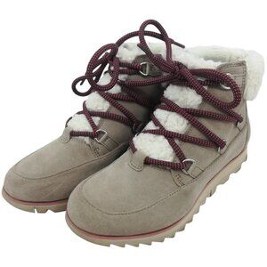 Sorel Harlow Lace Cozy Booties Ankle Boots Size 6.5 Beige Fleece Shearling Suede